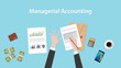 managerial accounting illustration with a man signing paperworks and folder document, money and calculator on top of table