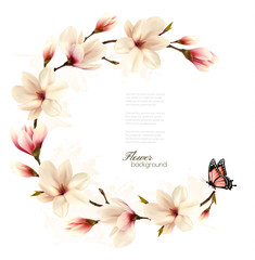 Fototapete - Nature background with blossom branch of white magnolia and butterfly. Vector
