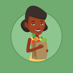 Poster - Happy woman holding grocery shopping bag.