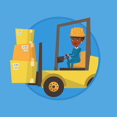 Wall Mural - Warehouse worker moving load by forklift truck.