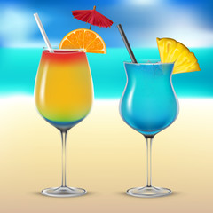 Wall Mural - Set transparent cocktail glasses on the sea background