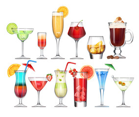 Wall Mural -  set of stemware and glasses with cocktail. realistic, style