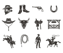 Set Of Rodeo Icons, Cowboys Silhouettes Riding The Bull And Horse And Rodeo Accessory Isolated On White