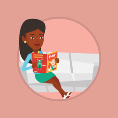 Poster - Woman reading magazine on sofa vector illustration