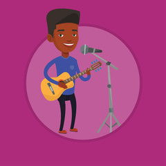 Poster - Man singing in microphone and playing guitar.