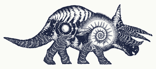 triceratops double exposure tattoo art. triceratops dinosaur t-shirt design.symbol of archeology, pa