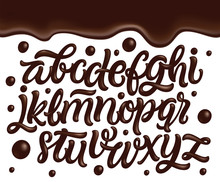 Latin Alphabet Made Of Dark Melted Chocolate With Border. Sweet Food Packaging Font. Liquid Font Style. Vector Illustration.