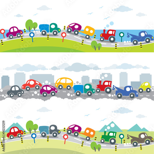 Naklejka na meble Cars on the road. Seamless horizontal pattern set