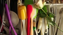 cutlery drawer opens full  utensils, Rose gift cook, overhead view  