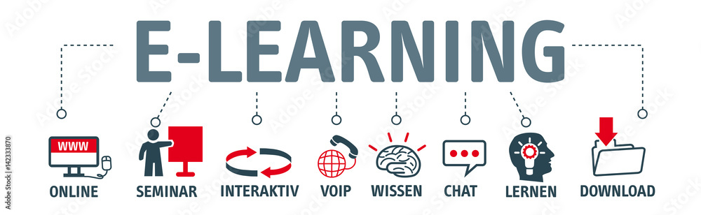Banner e-learning concept. Piktogramme mit Schlüsselwörtern - obrazy, fototapety, plakaty 