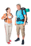 Fototapeta Las - Girl and her friend with backpacks in the campaign on a white background