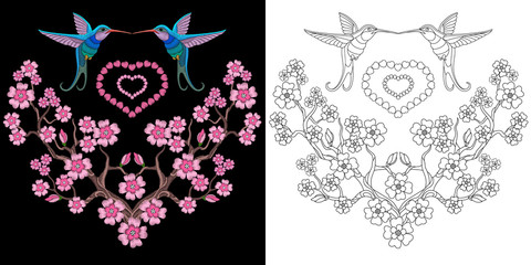 Embroidery hummingbird and sakura design. Collection of fancywork elements for patches and stickers. Coloring book page with colibri birds and cherry blossom.