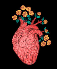 Wall Mural - Human heart with flowers. Vector illustration. Tattoo style