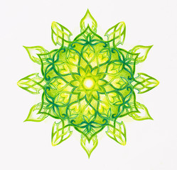 Poster - color ornamental mandala on white paper background. Heart Chakra.