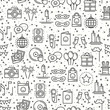 © krolja - Party celebration seamless pattern. Birthday, holidays, event, carnival festive. Party decor elements thin icons. Funny vector illustration. Line background. Texture. Mask gifts cake cocktail firework
