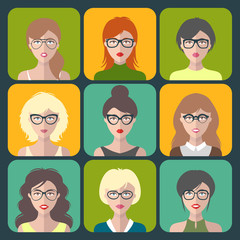 Wall Mural - Vector set of different women app icons in glasses in flat style. Female faces or heads collection.