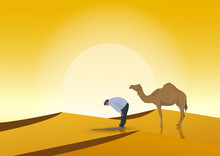 Man Praying And Camel With Sunset Background
