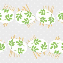 Messy White Eggs With Green Leaf Motif Horizontal Rows On Hay, Vector Easter Seamless Pattern On Light Dotted Background