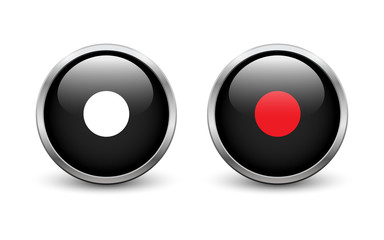 Set of two black On and Off record buttons with metal frame and shadow