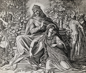 Wall Mural - King Solomon and his love, Song of Solomon, graphic collage from engraving of Nazareene School, published in The Holy Bible, St.Vojtech Publishing, Trnava, Slovakia, 1937.