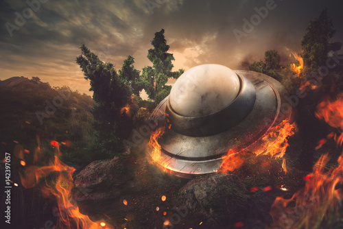 Plakat Płonące rozbite UFO w lesie o zmierzchu