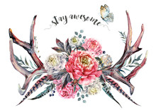 Watercolor Antlers And Flowers. Boho Decoration.