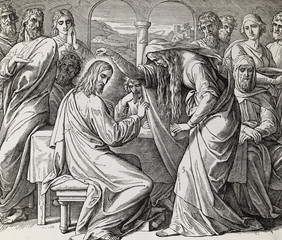 Wall Mural - Woman at Bethany anoints Jesus with expensive perfumed oil, graphic collage from engraving of Nazareene School, published in The Holy Bible, St.Vojtech Publishing, Trnava, Slovakia, 1937.