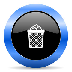 Poster - Trash can black and blue web design round internet icon with shadow on white background.