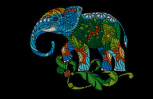 Embroidery Indian Elephant, Decorated With Flowers And Leaves. Vector