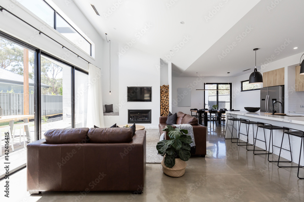 Stunning contemporary open plan living and dining room Stock Photo ...