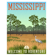 State Of Mississippi Travel Poster Or Sticker. Vector Illustration Of Sandhill Cranes And Pines In Wetland Nature Preserve