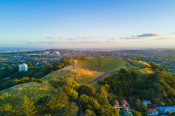 Aerial of the Mount Eden volcano in Auckland, Newzealand.