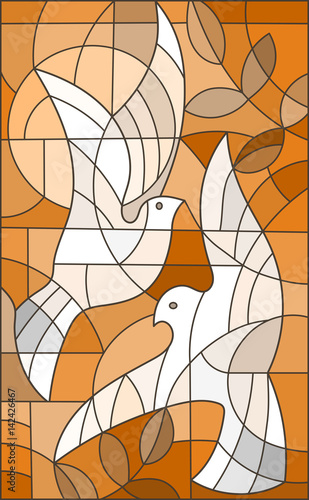 Fototapeta na wymiar Illustration in stained glass style with abstract pigeons, the sun and branches,tone brown