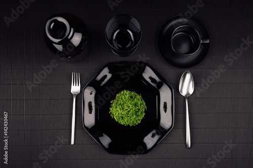 Download Eco Dark Modern Minimalistic Restaurant Menu Mock Up With Black Glossy Plate Spoon Fork Cup And Green Plant Top View Stock Photo Adobe Stock