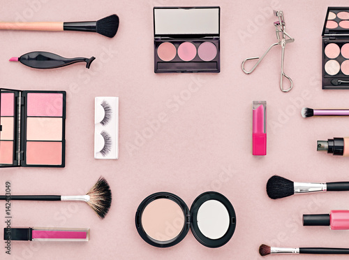 Fashion Cosmetic Makeup Set Woman Beauty Accessories Set Essentials Makeup Background Fashion Design Lipstick Brushes Eyeshadow Fashion Eyelashes Minimal Concept Top View Cosmetic Overhead Buy This Stock Photo And Explore Similar