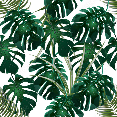 Stoffe zum Nähen Dschungel. Grünen Dickicht aus tropischen Palmenblättern und Monstera. Nahtlose Blumenmuster. Isoliert auf weißem Hintergrund. Abbildung