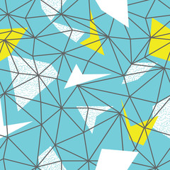 Wall Mural - Triangles wire-frame seamless repeat pattern. Triangular facets. Doodles hand-drawn pattern. Vector pattern. Wireframe Background Blue and Yellow Seamless Pattern.