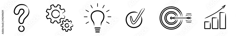 Vektor-Iconset: Fragezeichen, Zahnräder, Glühlampe, Check, Zielscheibe, Diagramm / Zeichnung, schwarz-weiß - obrazy, fototapety, plakaty 