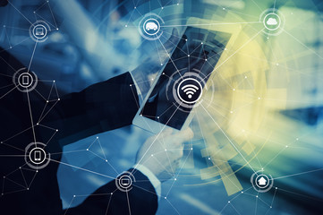 Poster - Tablet PC and wireless communication network, IoT(Internet of Things),CPS(Cyber-Physical Systems), ICT(Information Communication Technology), abstract image visual