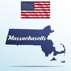 Poster - Massachusetts state with shadow with USA waving flag
