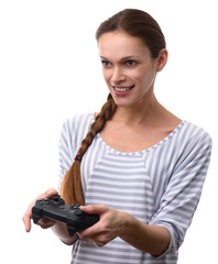 Poster - happy woman playing video games with gamepad