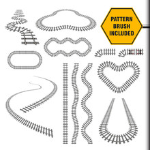 Vector Illustration That Include New Railway Border Or Railroad Pattern Brush And Ready For Use Curves, Perspectives, Turns, Twists, Loops, Elements, All Rail Transport Path Motives Isolated On White.
