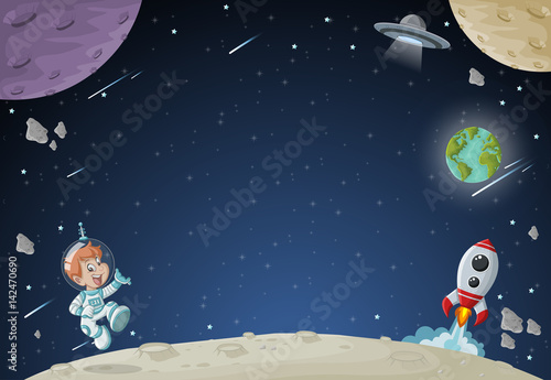 Plakat Astronauta kreskówki chłopiec lata w przestrzeni z futurystycznym wahadłowem. Spaceship wokół planety ziemi i księżyca.