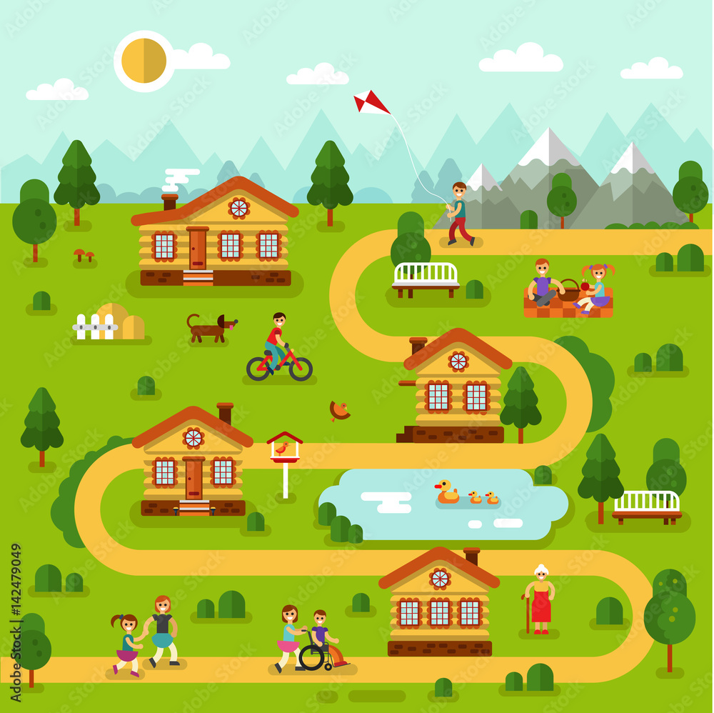 Flat design vector landscape illustration of cartoon village map with  houses, pond, road, mountains. People resting in nature on picnic, old  woman walking, boy cycling. Rest in the mountain concept. Stock Vector |, image size:1000x998