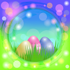 Wall Mural - easter eggs in green grass. blurred background. vector