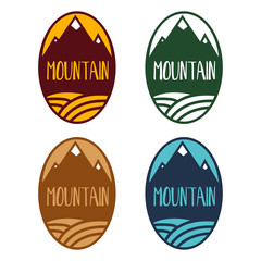 Set of concept labels with mountains and river. Vector illustration