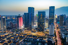 High Angle Shot Of Illuminated Cityscape Of Taikooli In Chengdu,China.