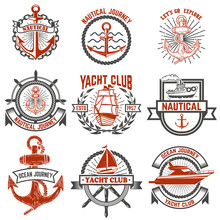 Set Of Yacht Club Labels. Nautical. Design Elements For Logo, Label, Emblem, Sign, T-shirt. Vector Illustration.