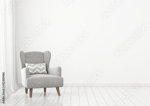 Cuadros en Lienzo Simple livingroom interior wall mock up with grey armchair near window on clear white background