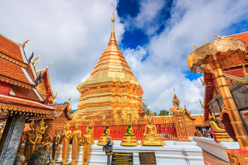 Wall Mural - Golden pagoda at Wat Phra That Doi Suthep in Chiangmai province of Thailand. They are public domain or treasure of Buddhism, no restrict in copy or use.